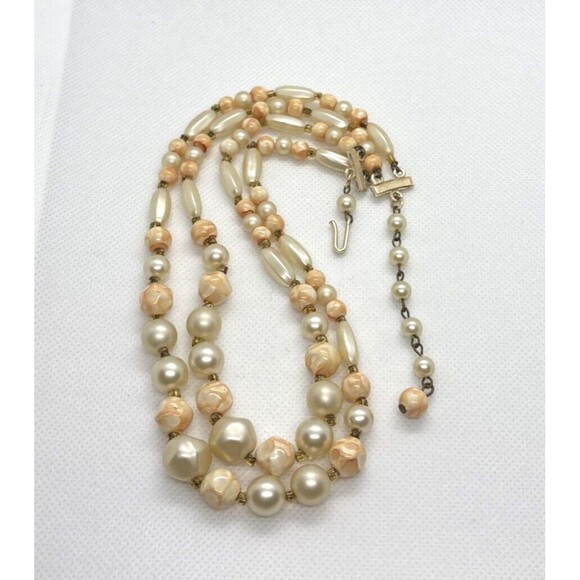 Vintage Hong Kong Beaded 2 Strand Graduated Bead 16-18'' Necklace Cream & Orange - Picture 2 of 6
